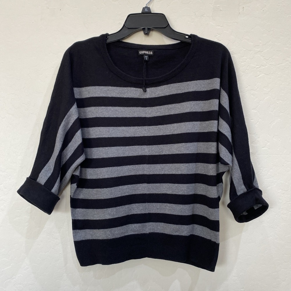 Express Womens Knit Sweater Top XS Black Gray Stripe Cotton Rayon Batwing Career